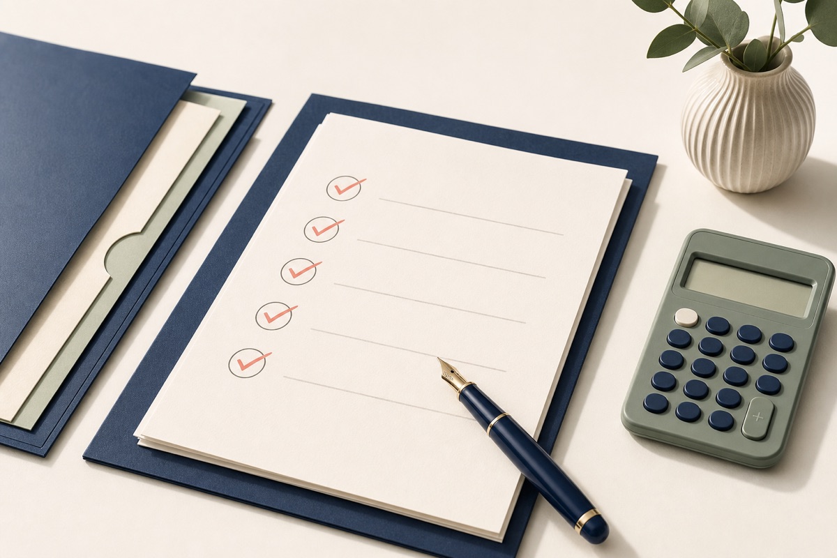 Tax return checklist with a pen and calculator