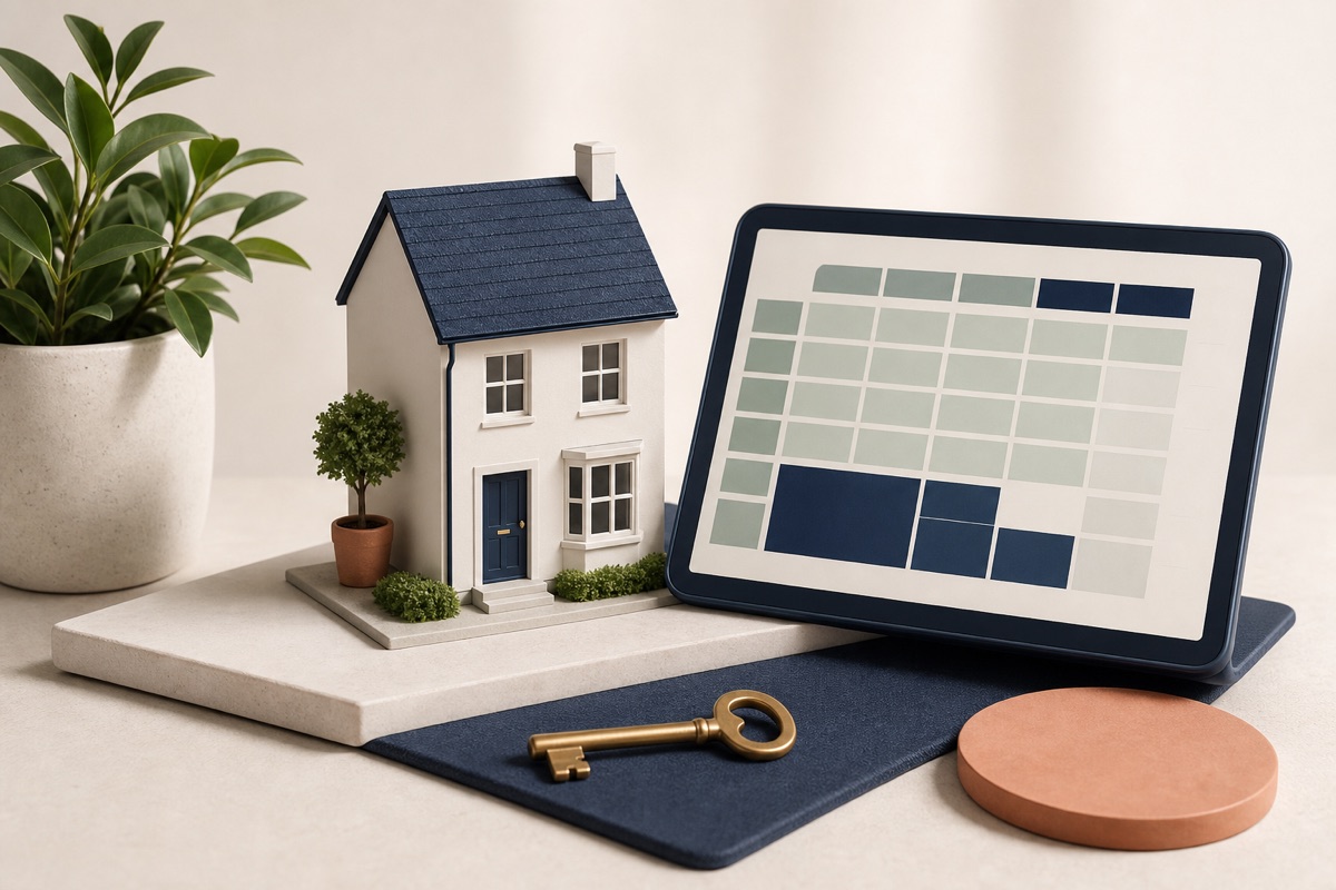 Rental house model beside a digital records grid