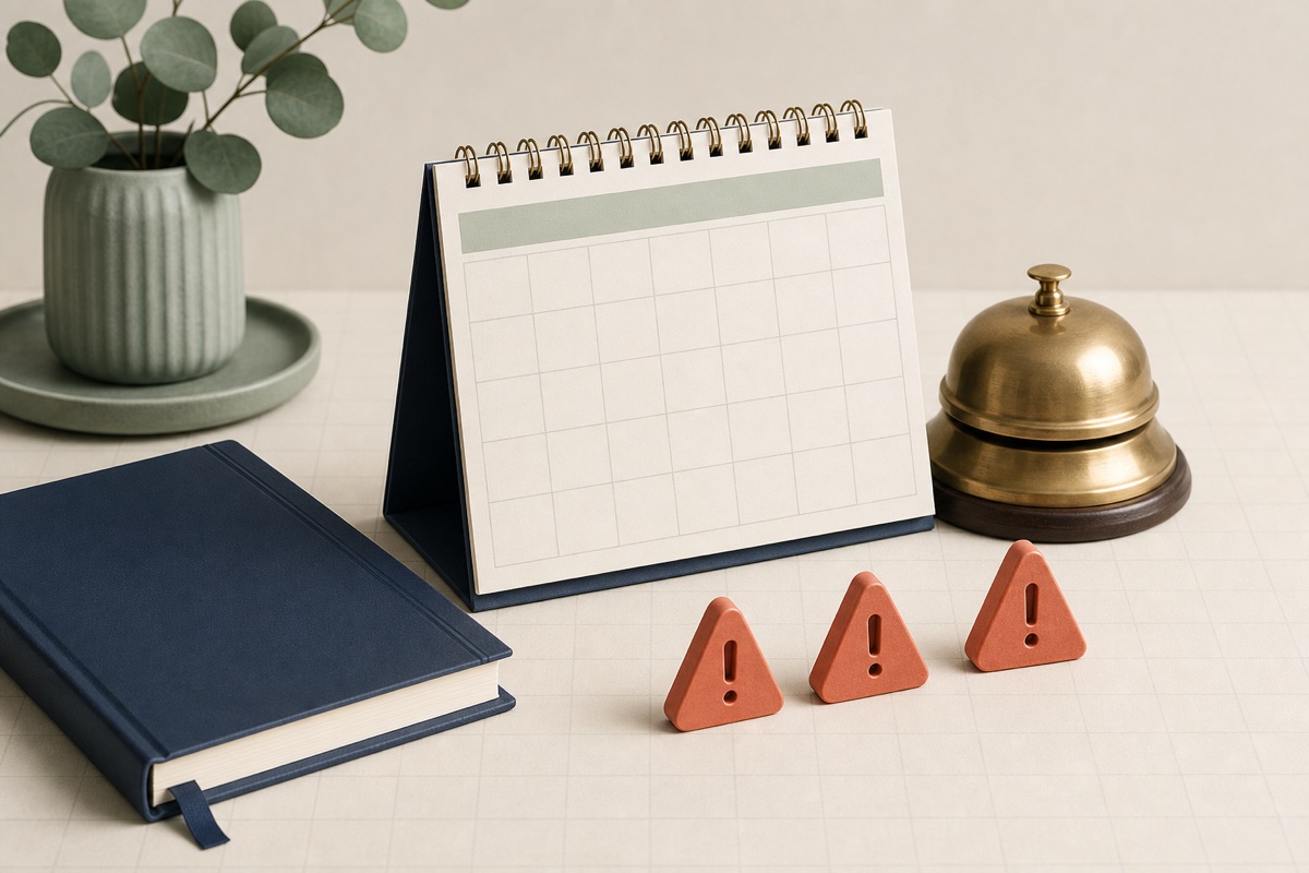 Calendar, alert markers and ledger illustrating missed deadlines