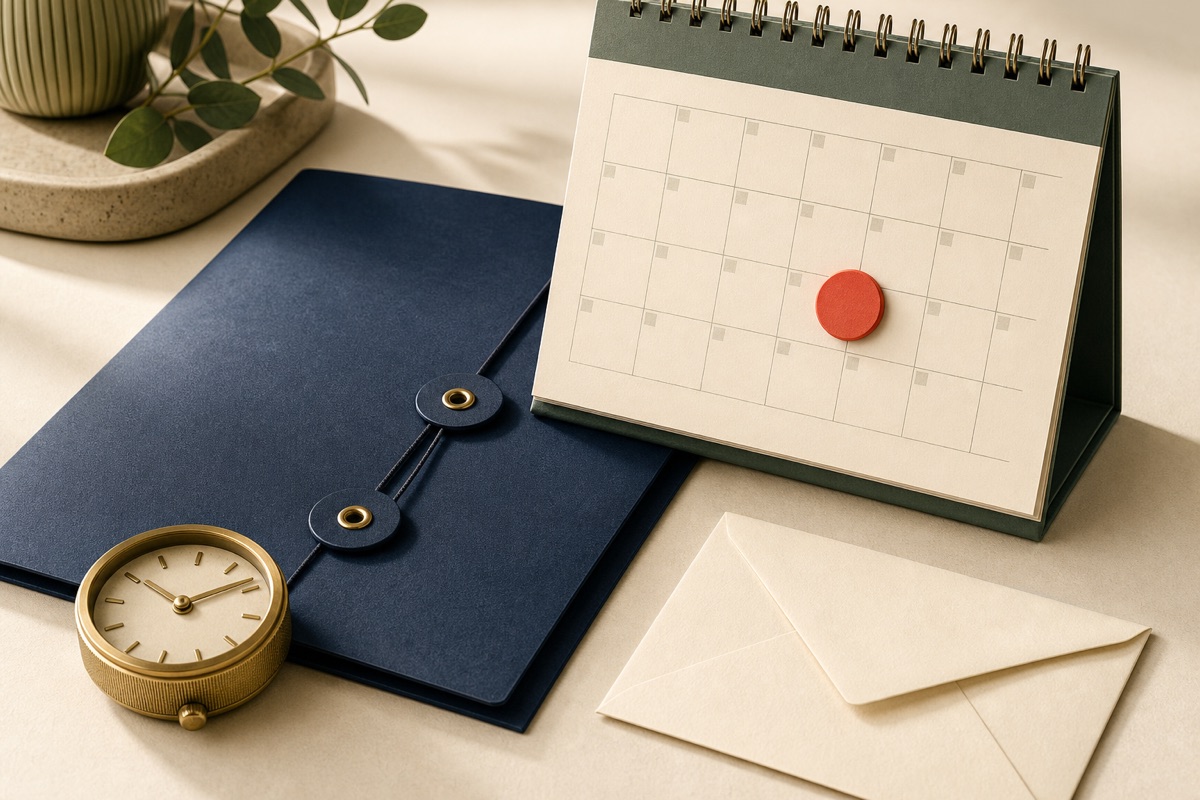 Calendar, clock and document folder illustrating a late CT600
