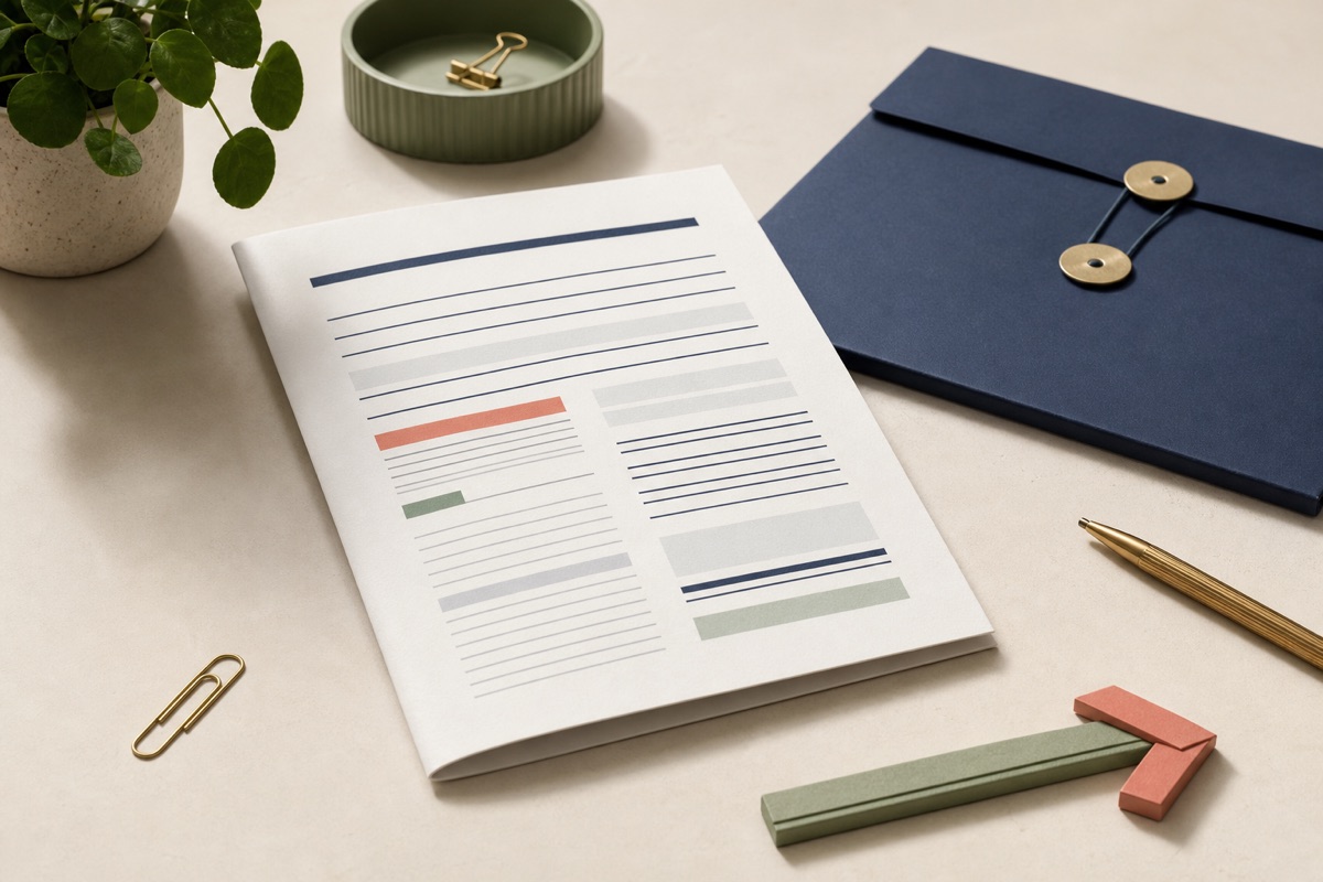 Prepared tax document with filing folder and forward arrow