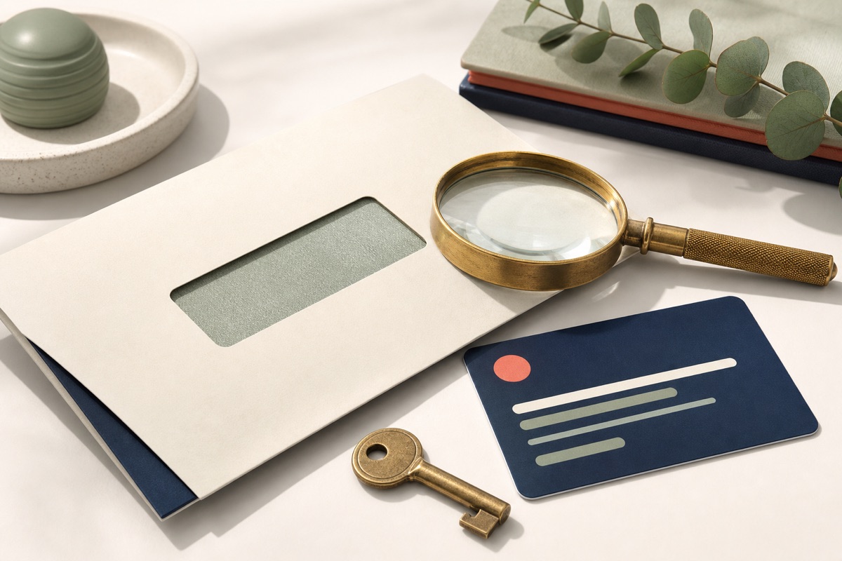 Reference envelope, magnifying glass and secure identity card